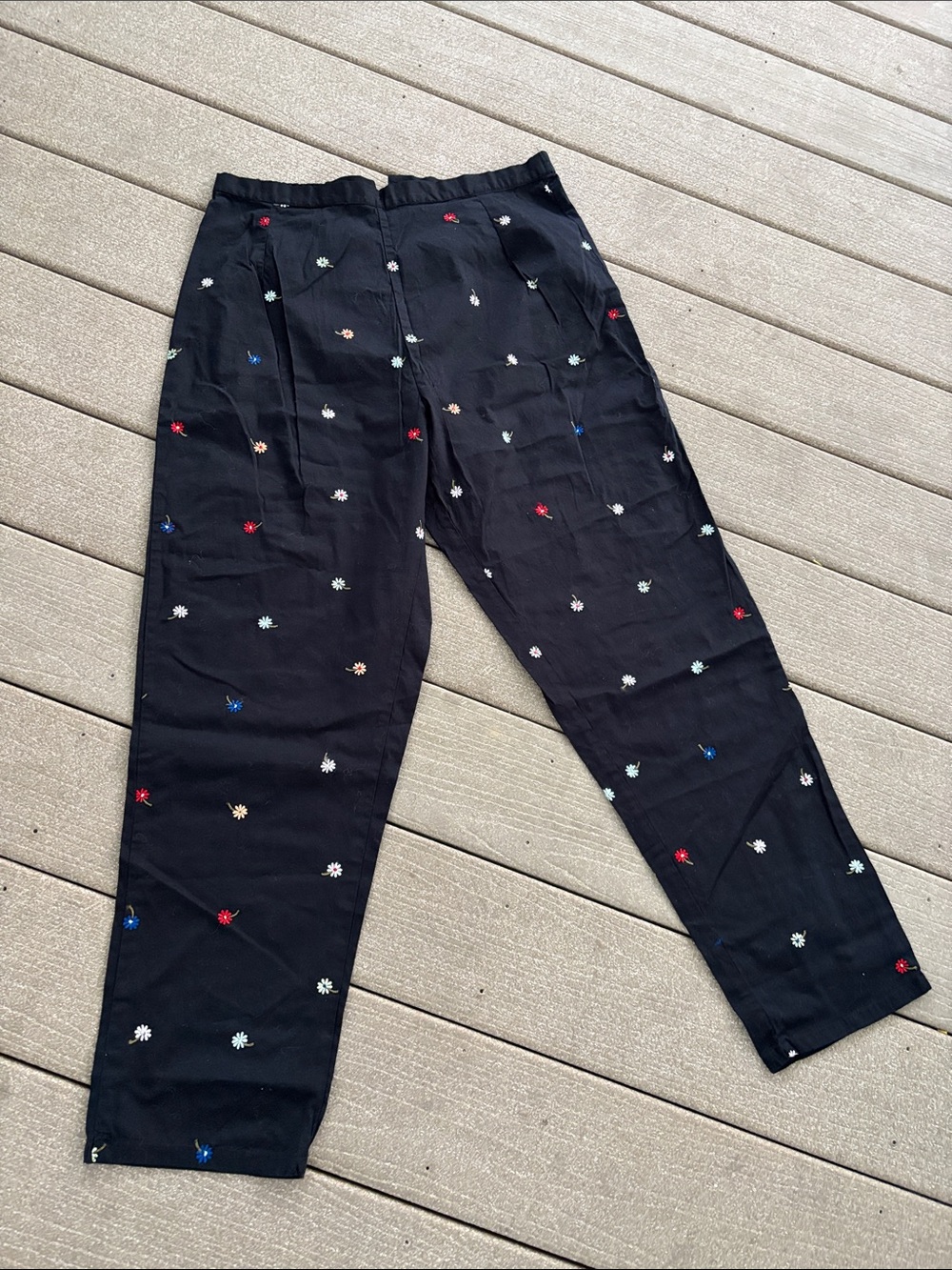 Black Floral-Embroidered Chinos